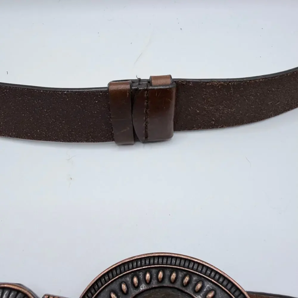 Chico’s Brown Leather Western Belt Small Embellished Buckle Adjustable Boho